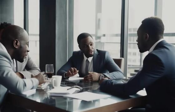 realistic-portrait-of-young-african-business-colleagues-discussing-paperwork-in-an-office-with-drink-glass-generative-ai-illustration-photo